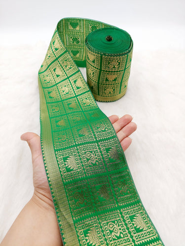 Jacquard Saree Border, Green And Gold Woven Thread Work Trim, Jacquard Trimming Decorative Trim